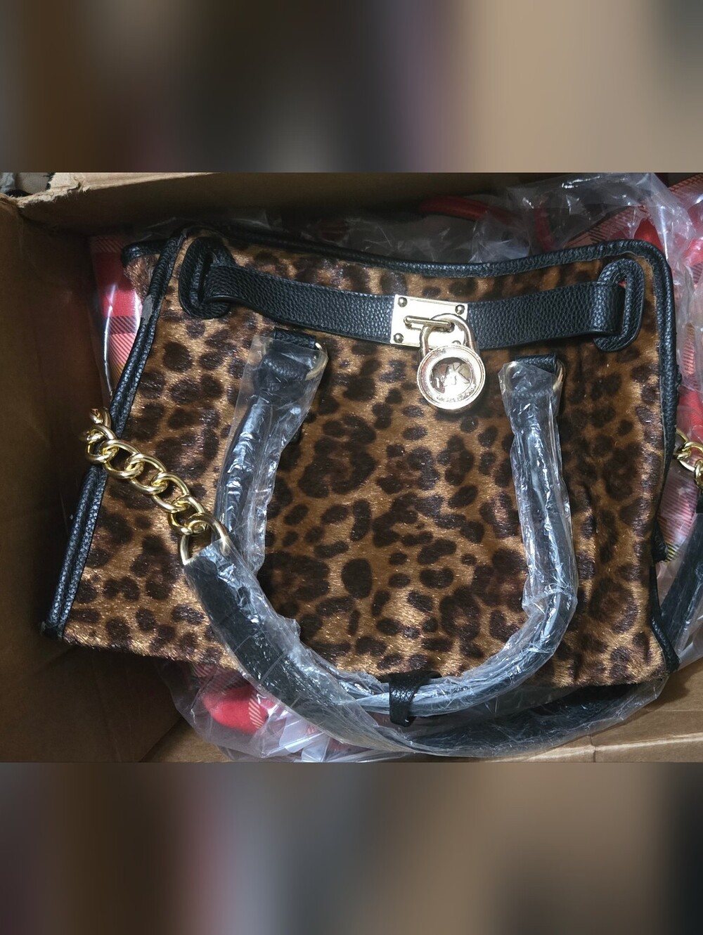 Leopard Print Satchel Handbag Purse Gold Chain Hardware Black Trim